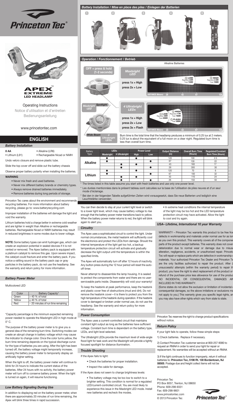 Princeton Tec APEX EXTREME User Manual | 2 pages