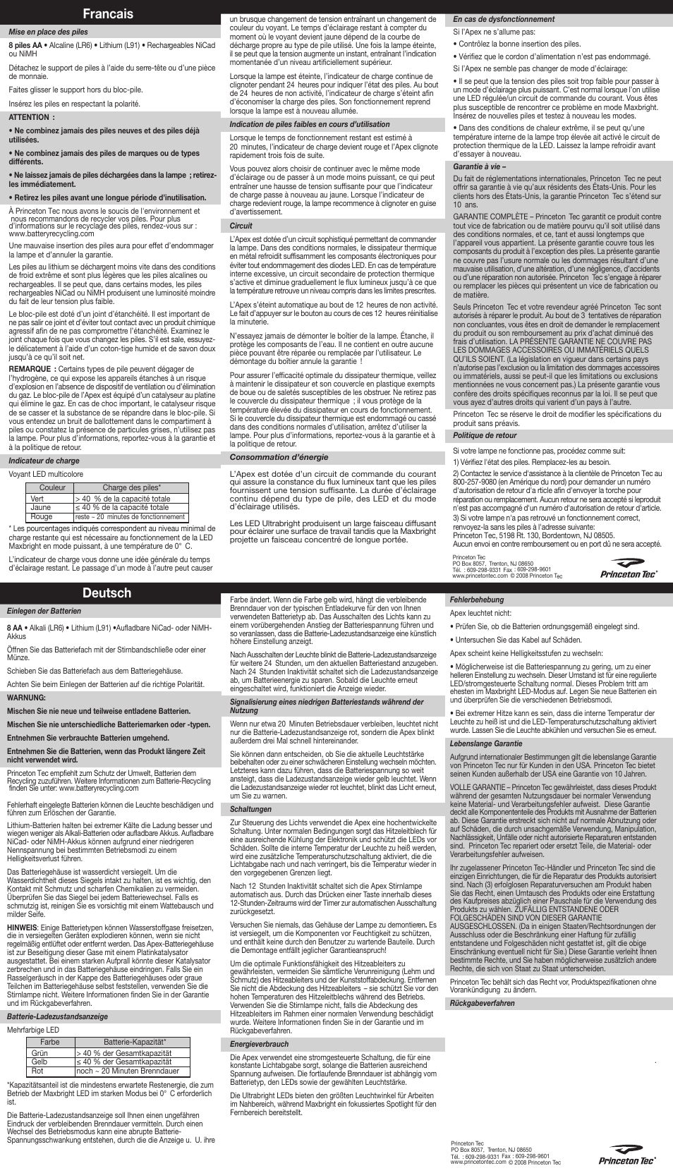 Deutsch francais | Princeton Tec APEX EXTREME User Manual | Page 2 / 2