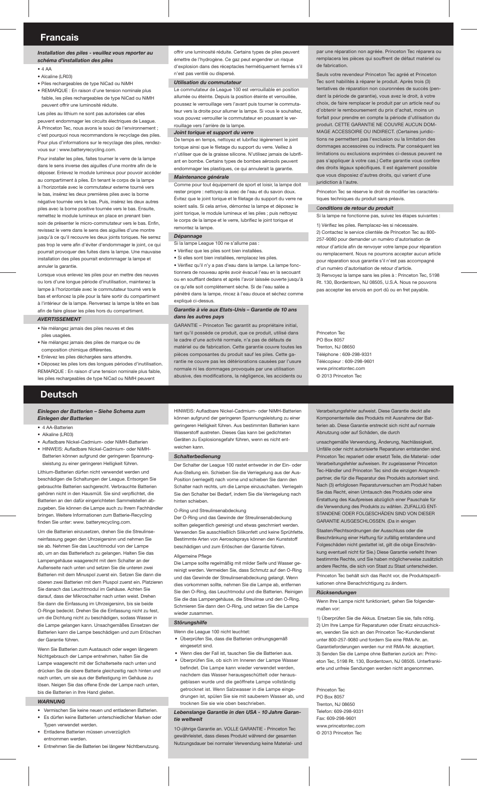 Francais deutsch | Princeton Tec LEAGUE User Manual | Page 2 / 2