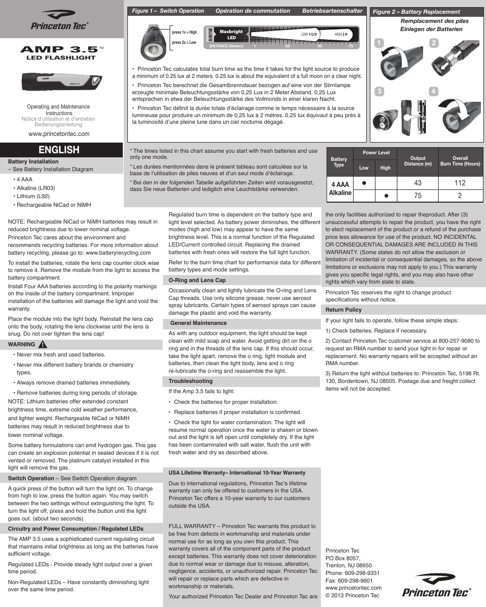 Princeton Tec AMP 3.5 User Manual | 2 pages