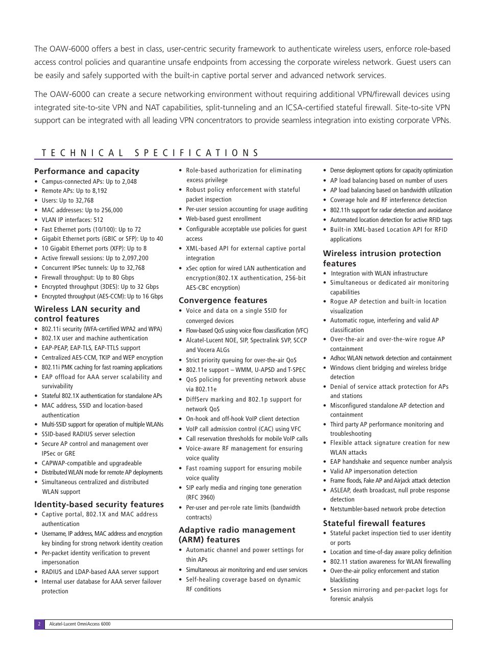 Performance and capacity, Wireless lan security and control features, Identity-based security features | Convergence features, Adaptive radio management (arm) features, Wireless intrusion protection features, Stateful firewall features | Alcatel-Lucent OmniAccess 6000 User Manual | Page 2 / 4