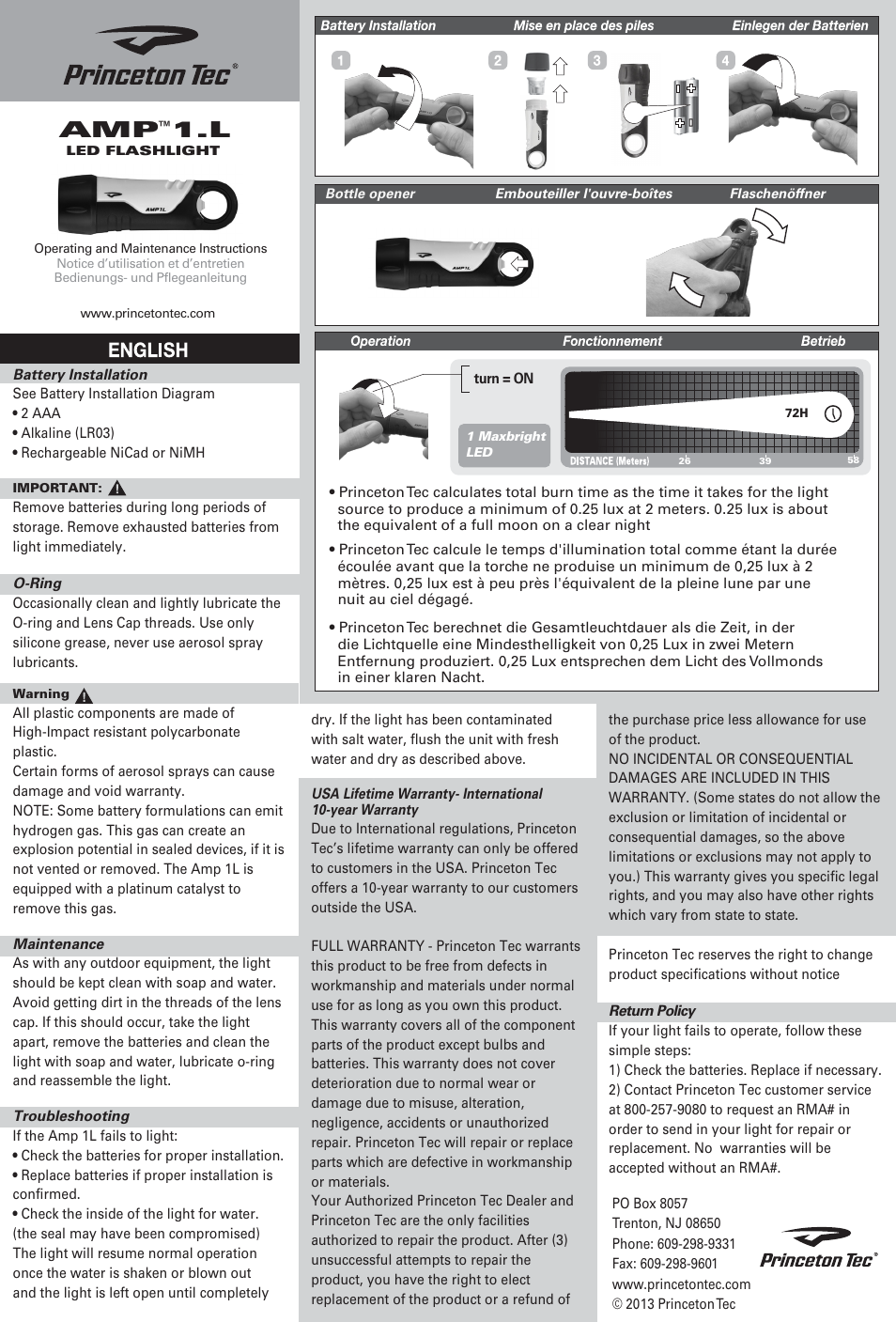 Princeton Tec AMP 1L W/ BOTTLE OPENER & CONE User Manual | 2 pages