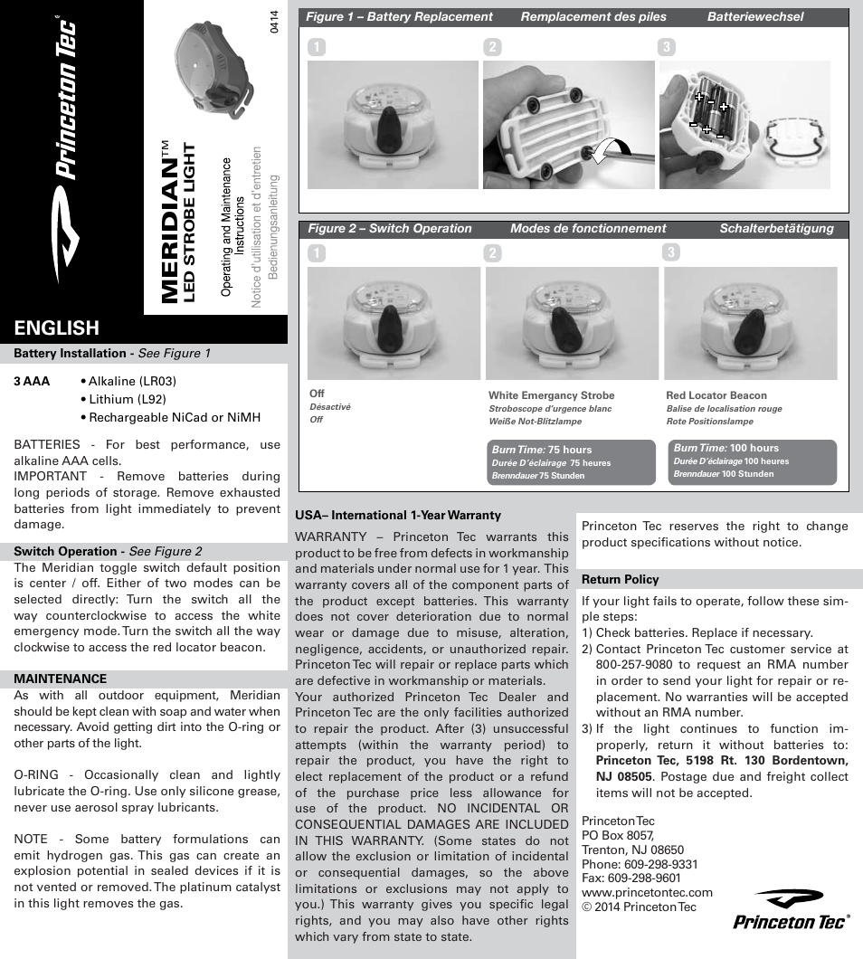 Princeton Tec MERIDIAN STROBE User Manual | 2 pages