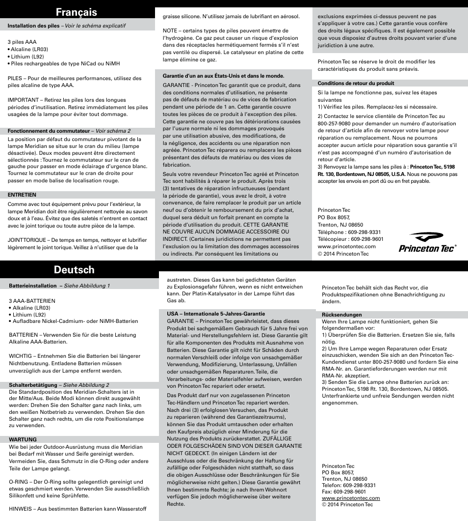 Français deutsch | Princeton Tec MERIDIAN STROBE User Manual | Page 2 / 2