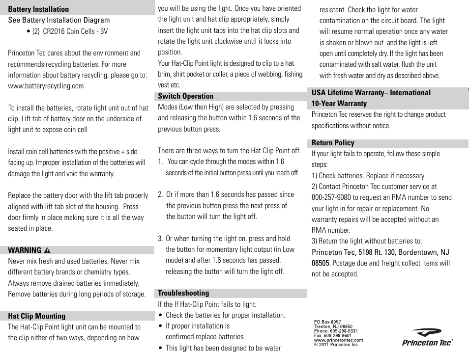 Princeton Tec POINT HAT CLIP User Manual | Page 2 / 2