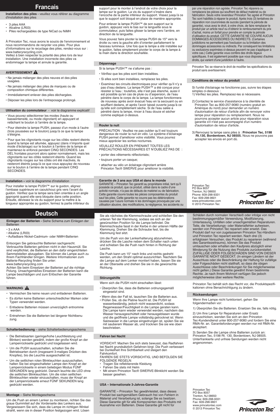 Francais deutsch | Princeton Tec PUSH User Manual | Page 2 / 2