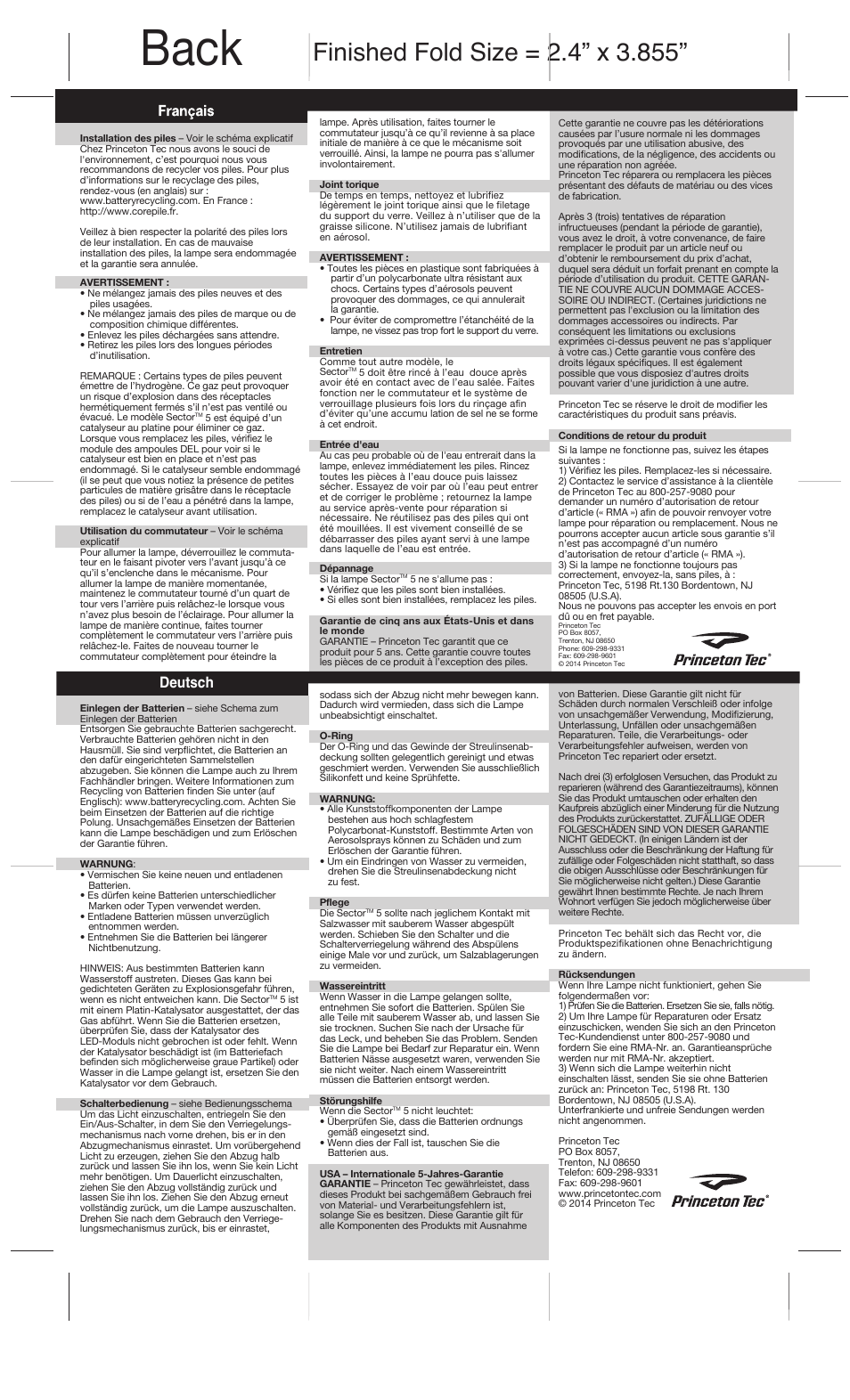Back, Deutsch | Princeton Tec SECTOR 5 User Manual | Page 2 / 2