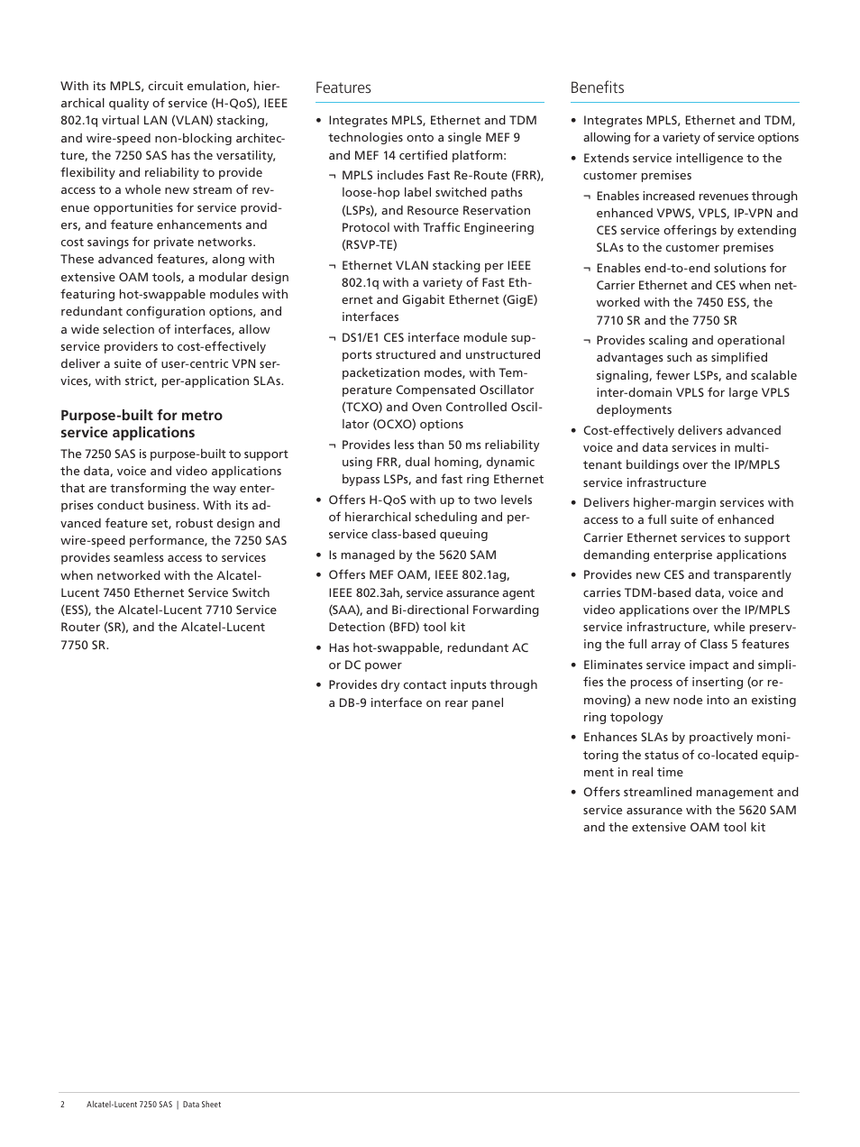 Features, Benefits | Alcatel-Lucent 7250 SAS User Manual | Page 2 / 6