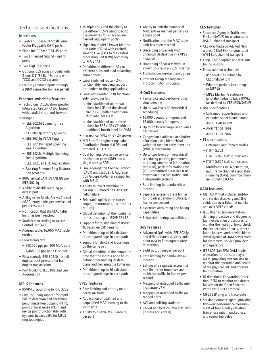 Technical specifications | Alcatel-Lucent 7250 SAS User Manual | Page 3 / 6