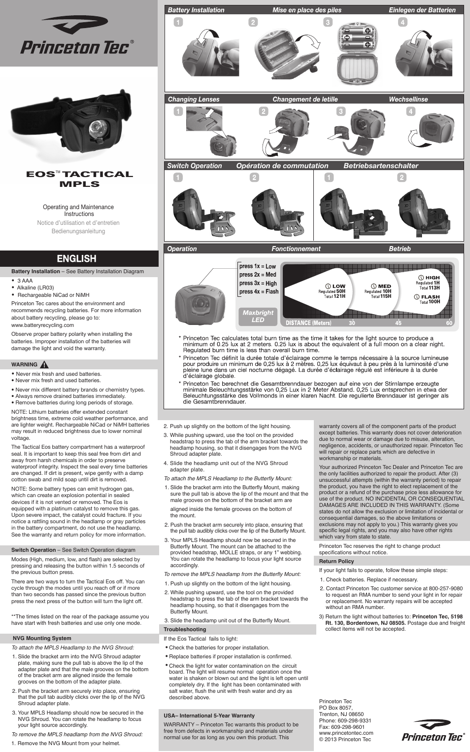 Princeton Tec EOS TACTICAL MPLS User Manual | 2 pages