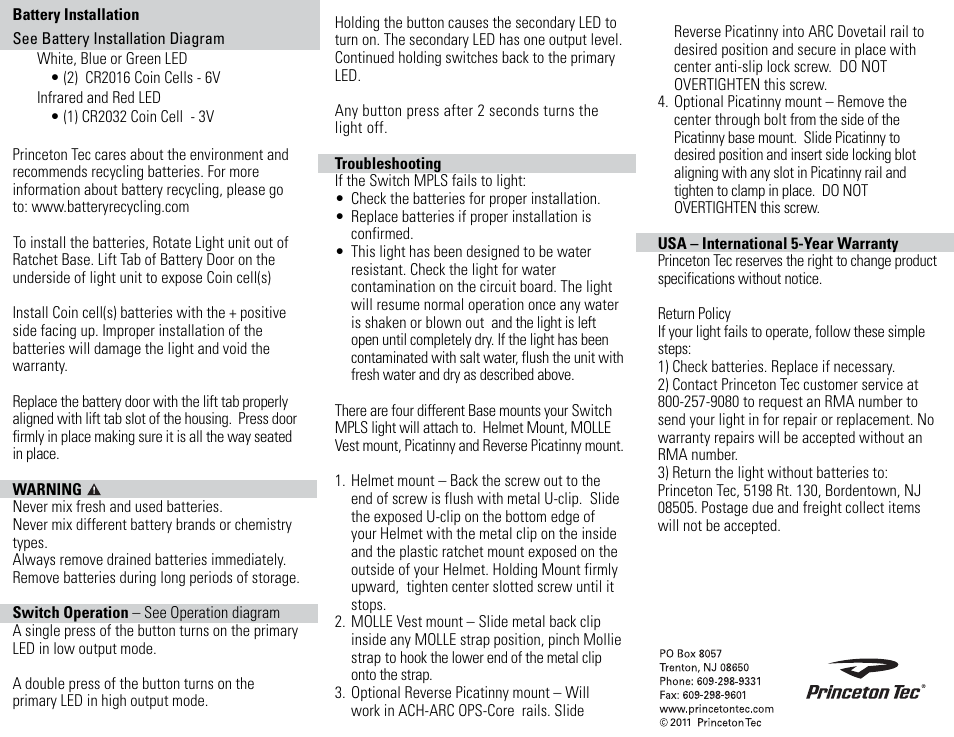 Princeton Tec SWITCH - MPLS User Manual | Page 2 / 2