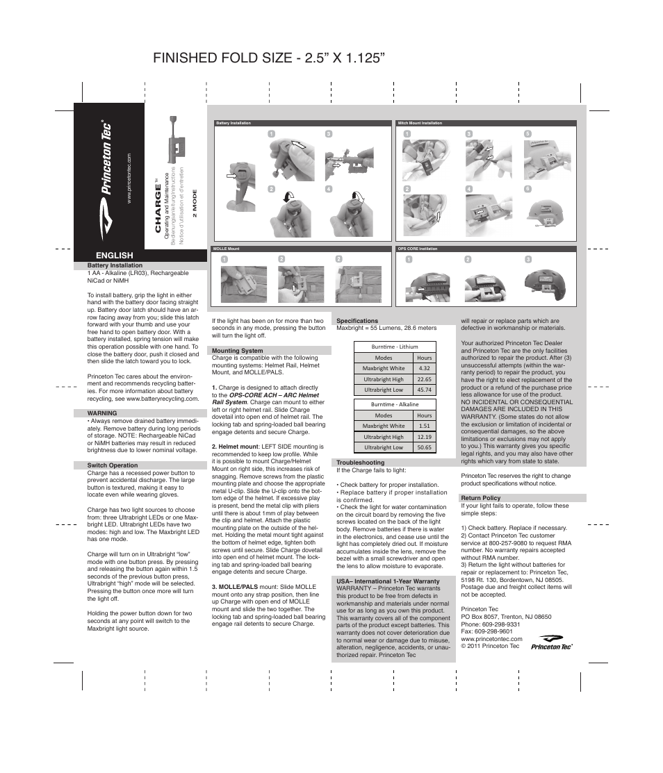 Princeton Tec CHARGE - MPLS User Manual | 2 pages