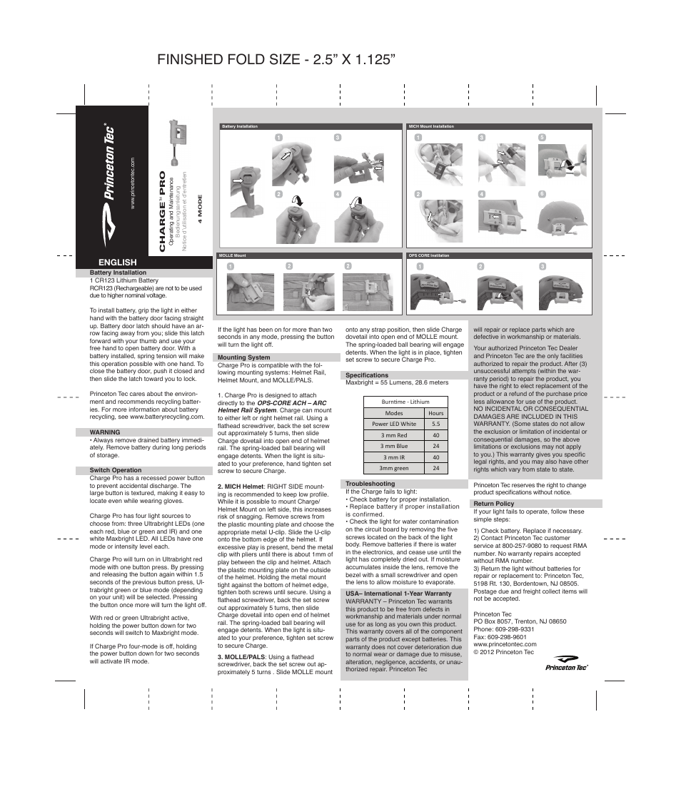 Princeton Tec CHARGE PRO MPLS User Manual | 2 pages