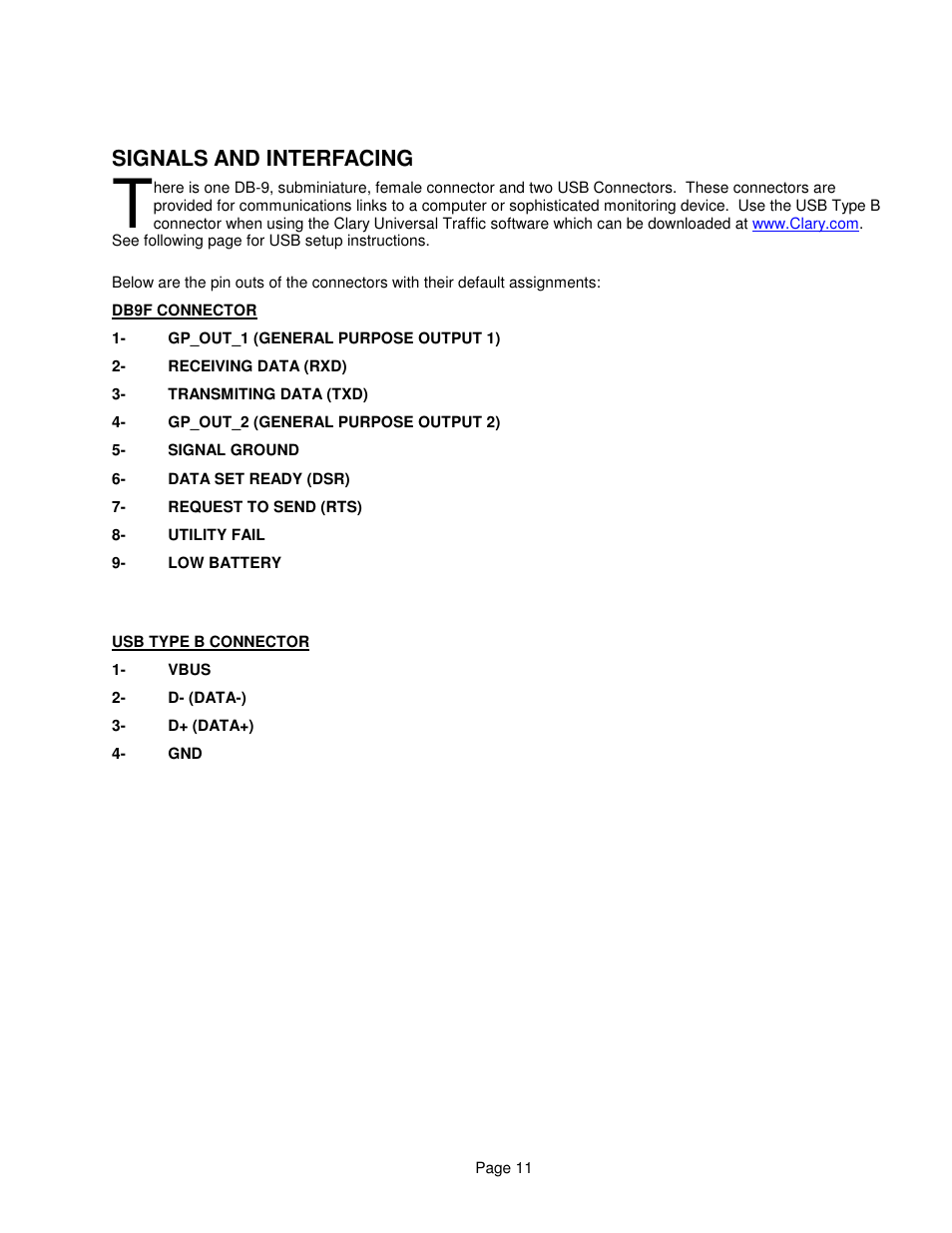 Signals and interfacing | Clary SP1250 LE User Manual | Page 11 / 21