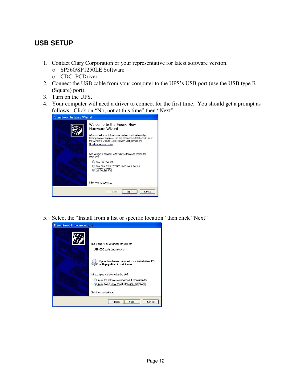 Usb setup | Clary SP1250 LE User Manual | Page 12 / 21