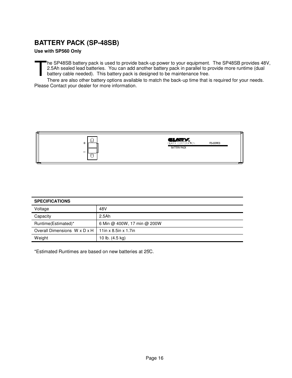 Battery pack (sp-48sb) | Clary SP1250 LE User Manual | Page 16 / 21