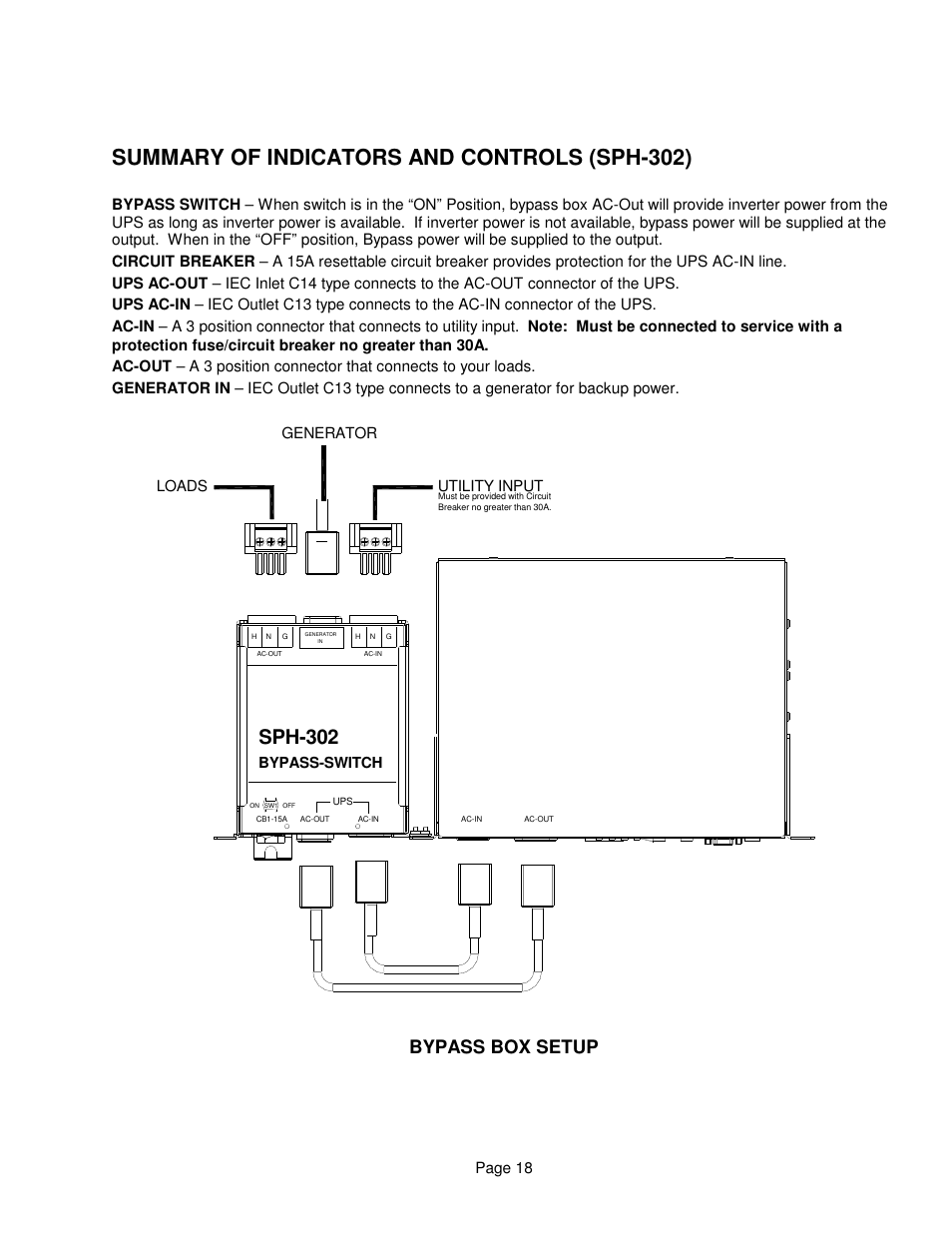 Summary of indicators and controls (sph-302), Sph-302, Bypass box setup | Page 18, Bypass-switch, Utility input loads generator | Clary SP1250 LE User Manual | Page 18 / 21