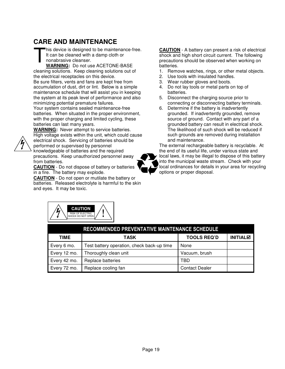 Care and maintenance | Clary SP1250 LE User Manual | Page 19 / 21