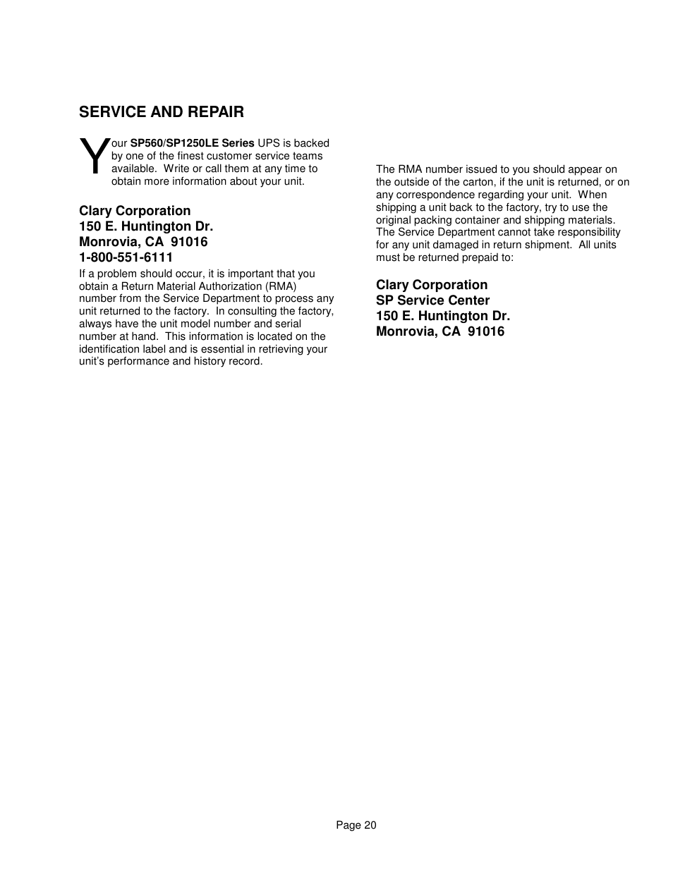 Service and repair | Clary SP1250 LE User Manual | Page 20 / 21