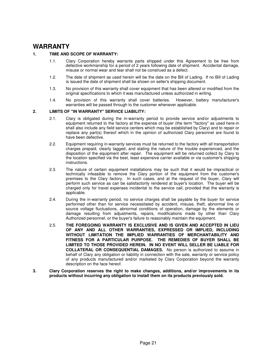 Warranty | Clary SP1250 LE User Manual | Page 21 / 21