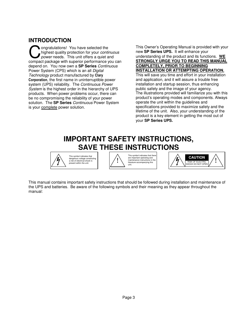 Introduction | Clary SP1250 LE User Manual | Page 3 / 21
