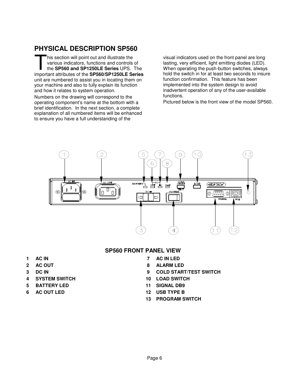 Physical description sp560 | Clary SP1250 LE User Manual | Page 6 / 21