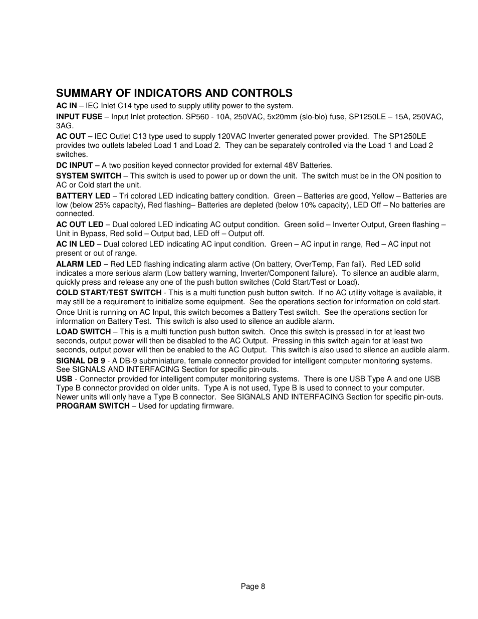 Summary of indicators and controls | Clary SP1250 LE User Manual | Page 8 / 21