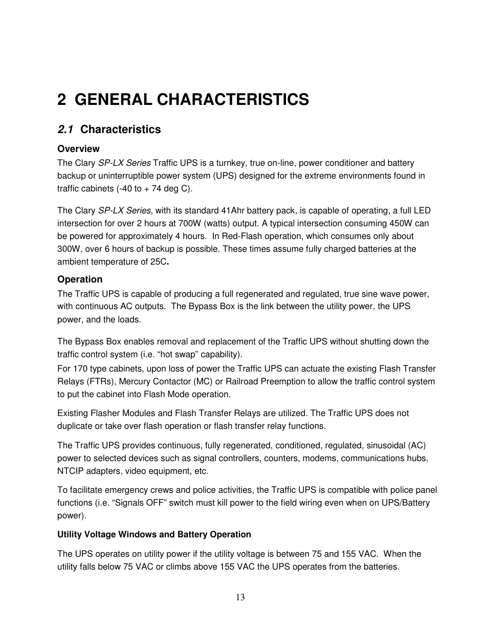 2 general characteristics, 1 characteristics | Clary SP1250LX User Manual | Page 13 / 41