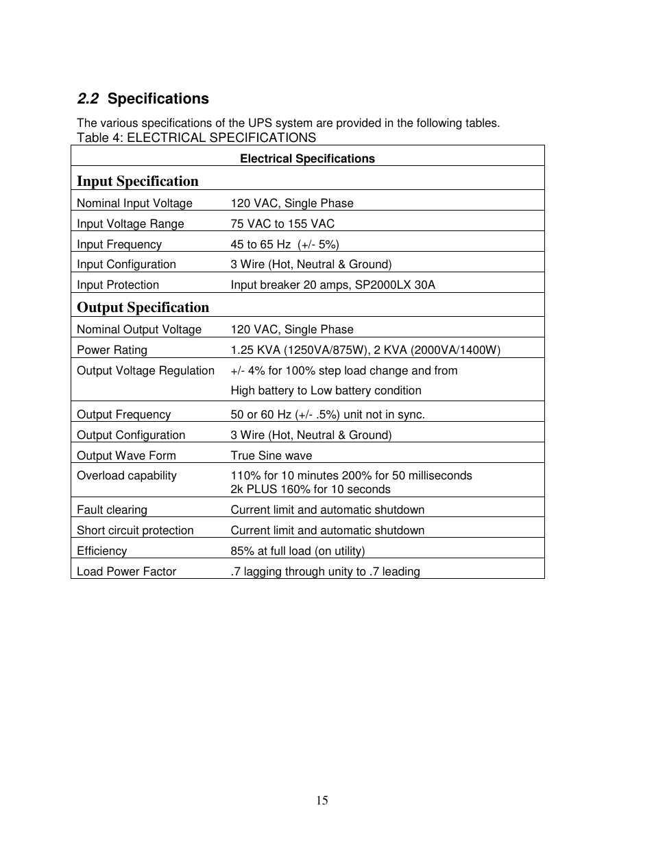 2 specifications, Table 4: electrical specifications, Input specification | Output specification | Clary SP1250LX User Manual | Page 15 / 41