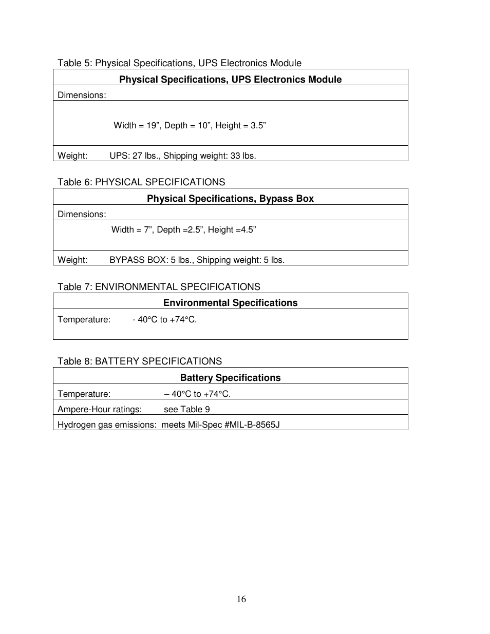 Table 6: physical specifications, Table 7: environmental specifications, Table 8: battery specifications | Clary SP1250LX User Manual | Page 16 / 41