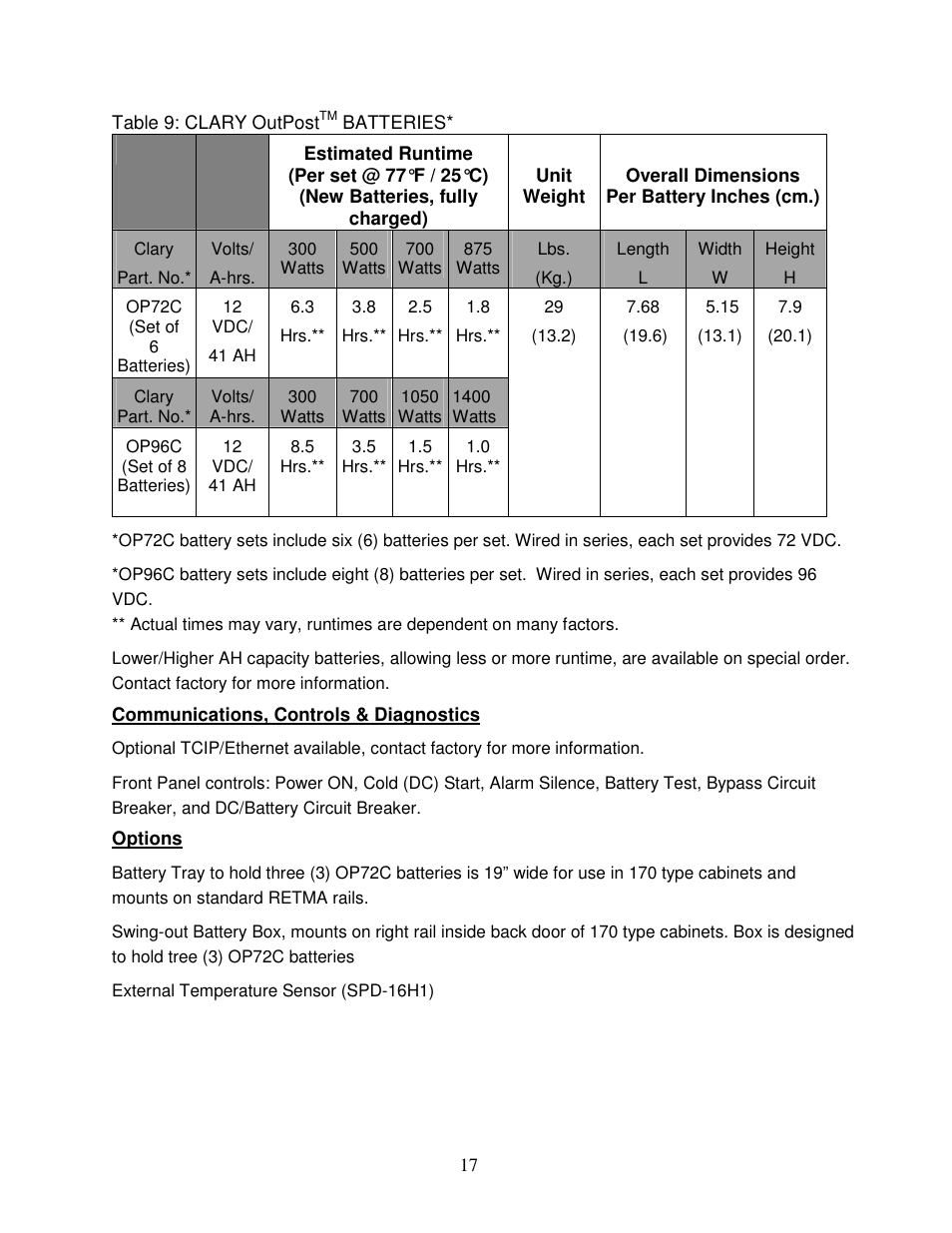 Table 9: clary outposttm batteries | Clary SP1250LX User Manual | Page 17 / 41