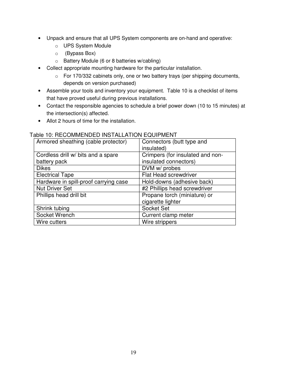 Table 10: recommended installation equipment | Clary SP1250LX User Manual | Page 19 / 41