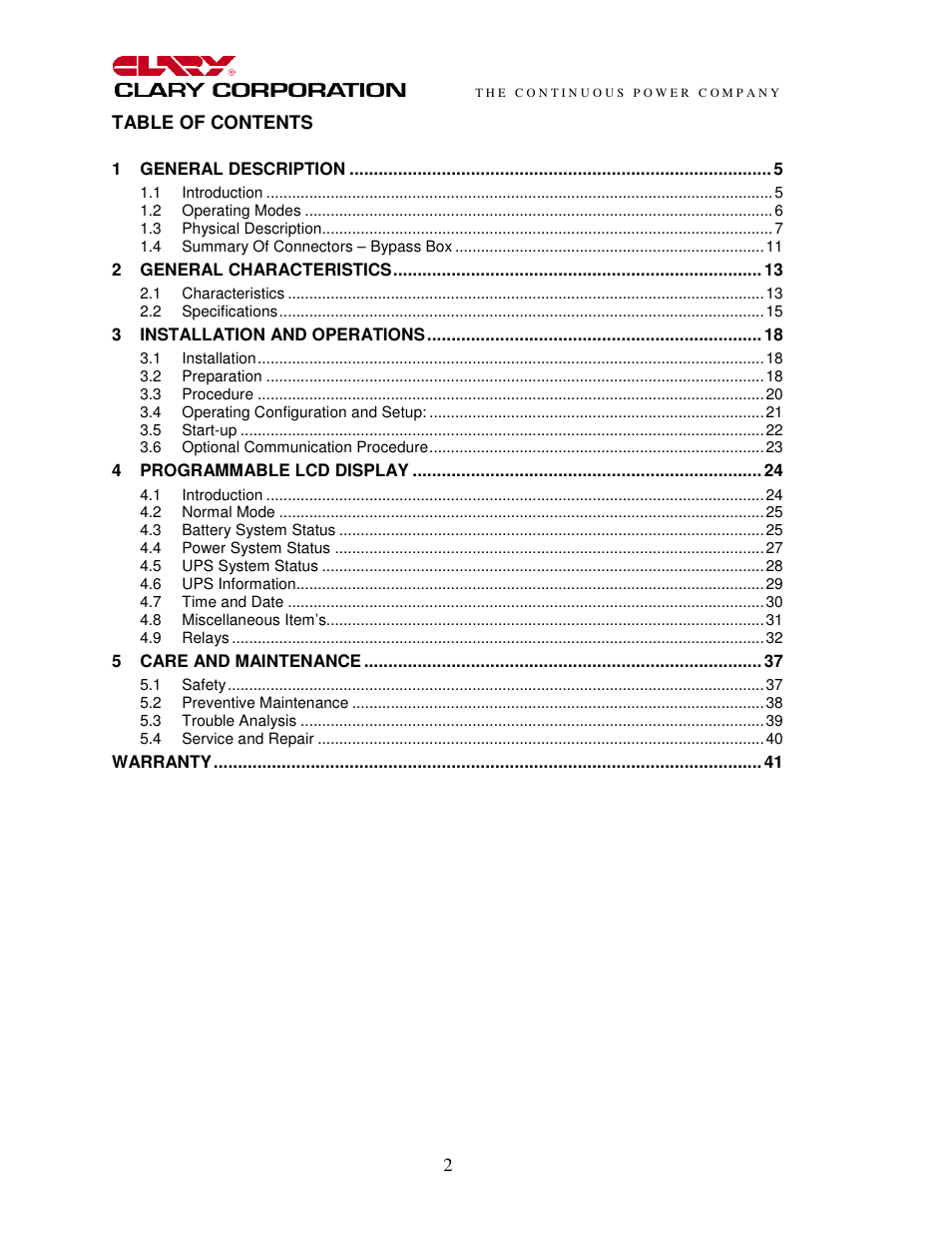 Clary SP1250LX User Manual | Page 2 / 41