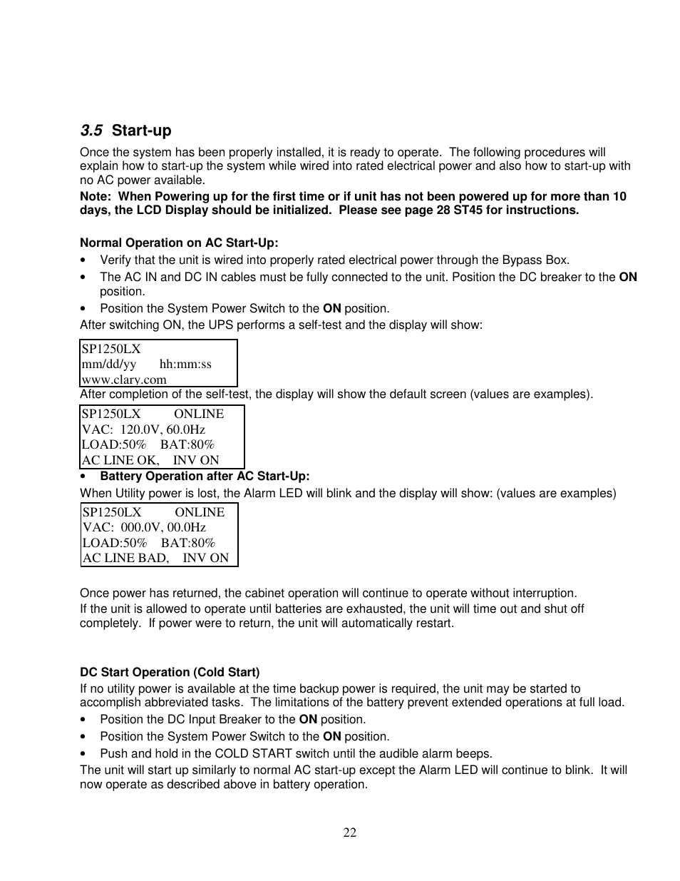 5 start-up | Clary SP1250LX User Manual | Page 22 / 41