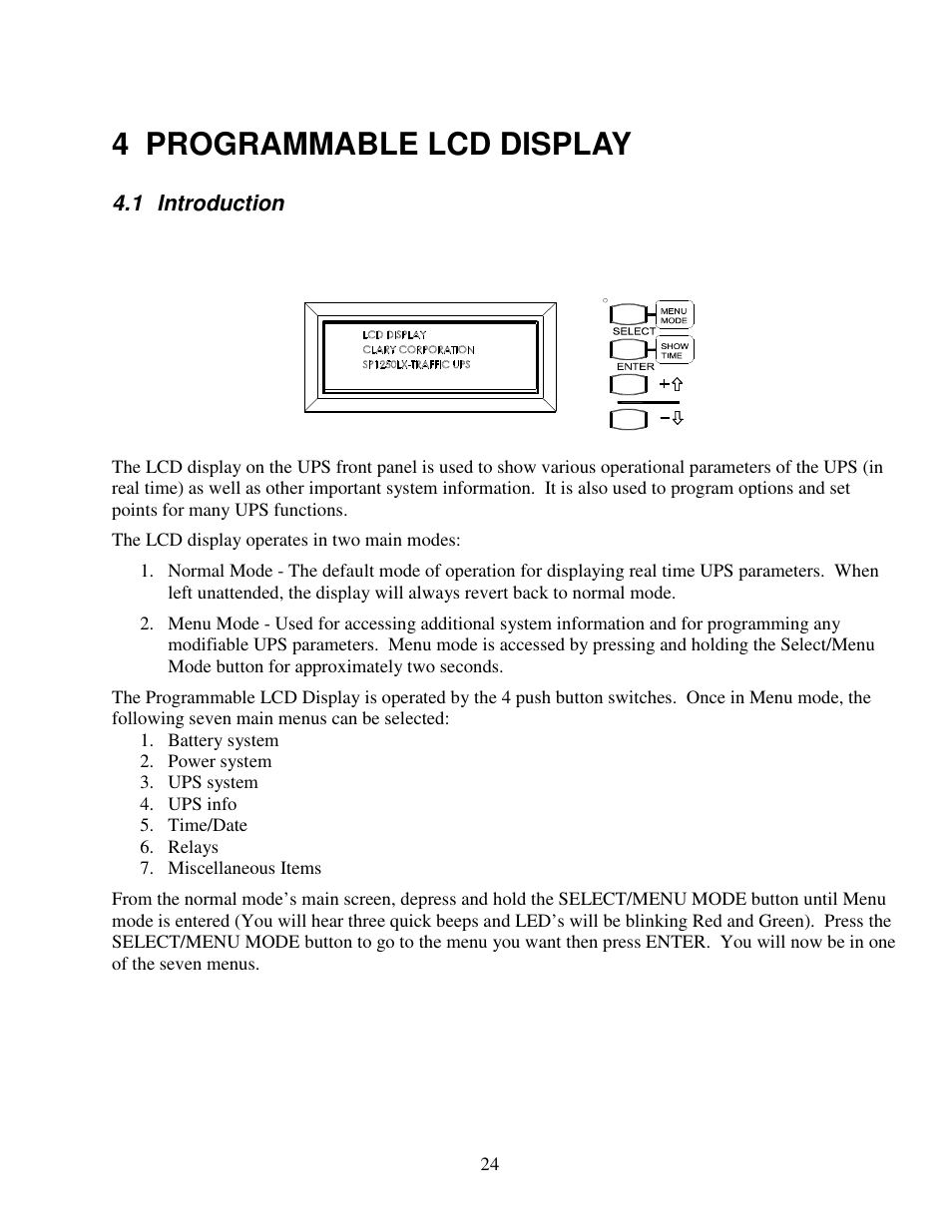 4 programmable lcd display, 1 introduction | Clary SP1250LX User Manual | Page 24 / 41