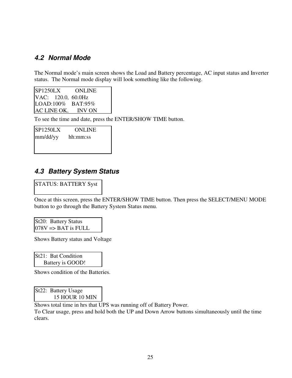 2 normal mode, 3 battery system status | Clary SP1250LX User Manual | Page 25 / 41