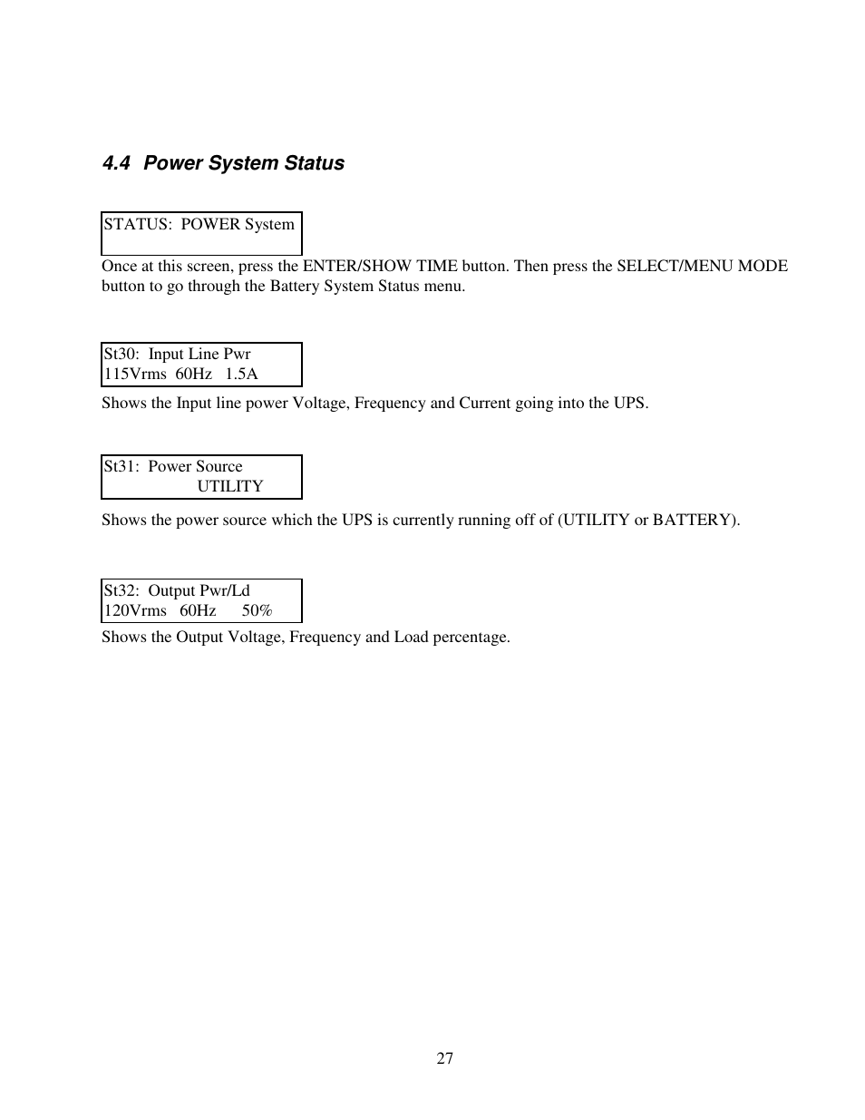 4 power system status | Clary SP1250LX User Manual | Page 27 / 41