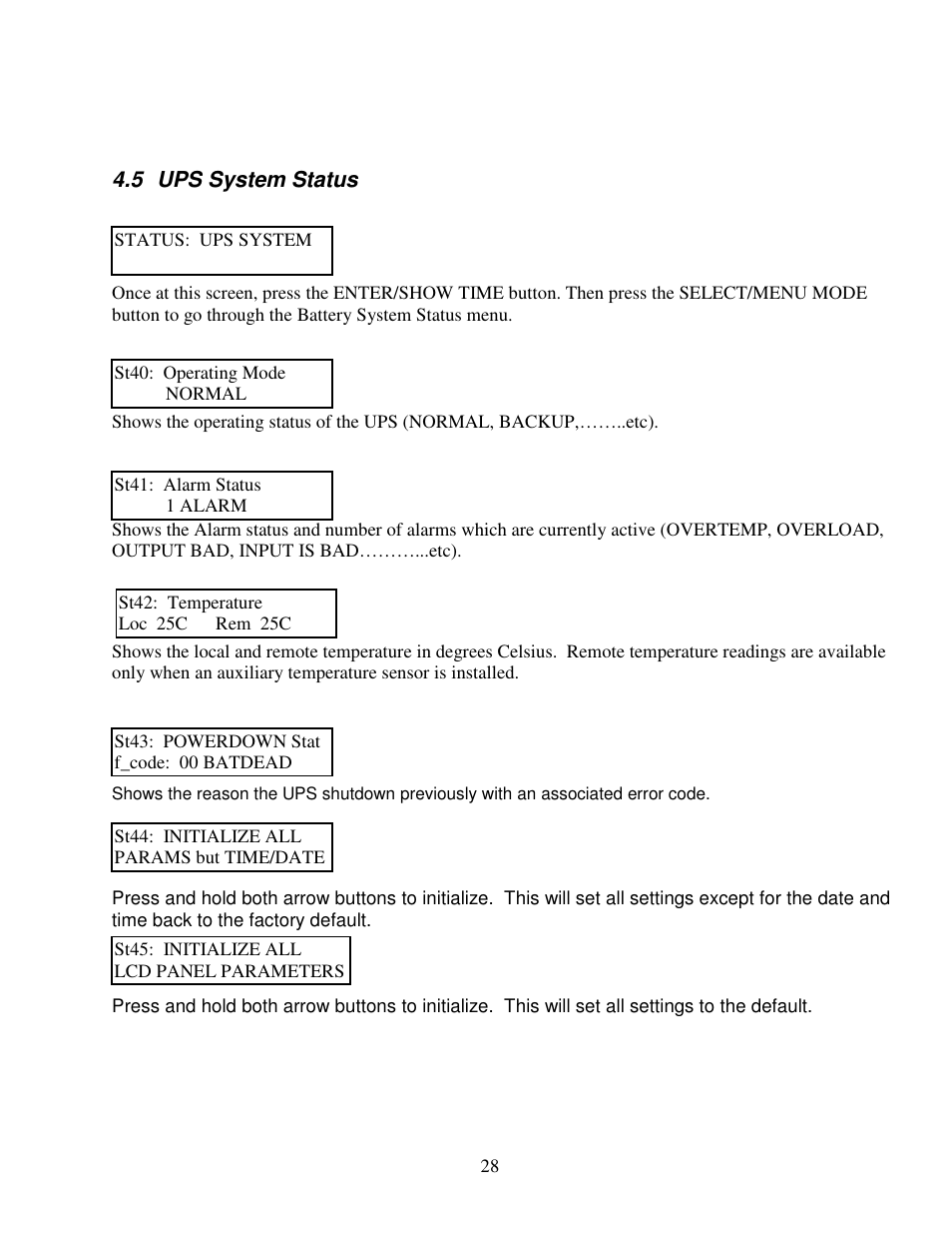 5 ups system status | Clary SP1250LX User Manual | Page 28 / 41