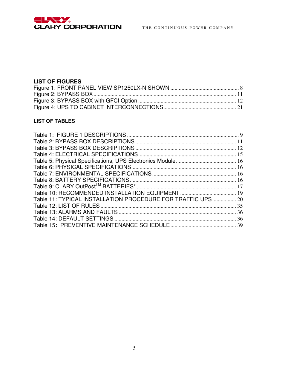 List of figures, List of tables | Clary SP1250LX User Manual | Page 3 / 41