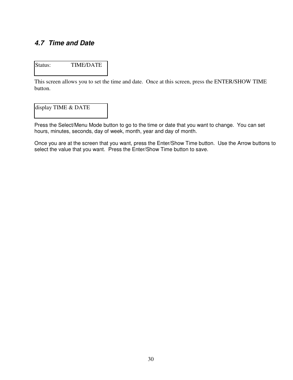 7 time and date | Clary SP1250LX User Manual | Page 30 / 41