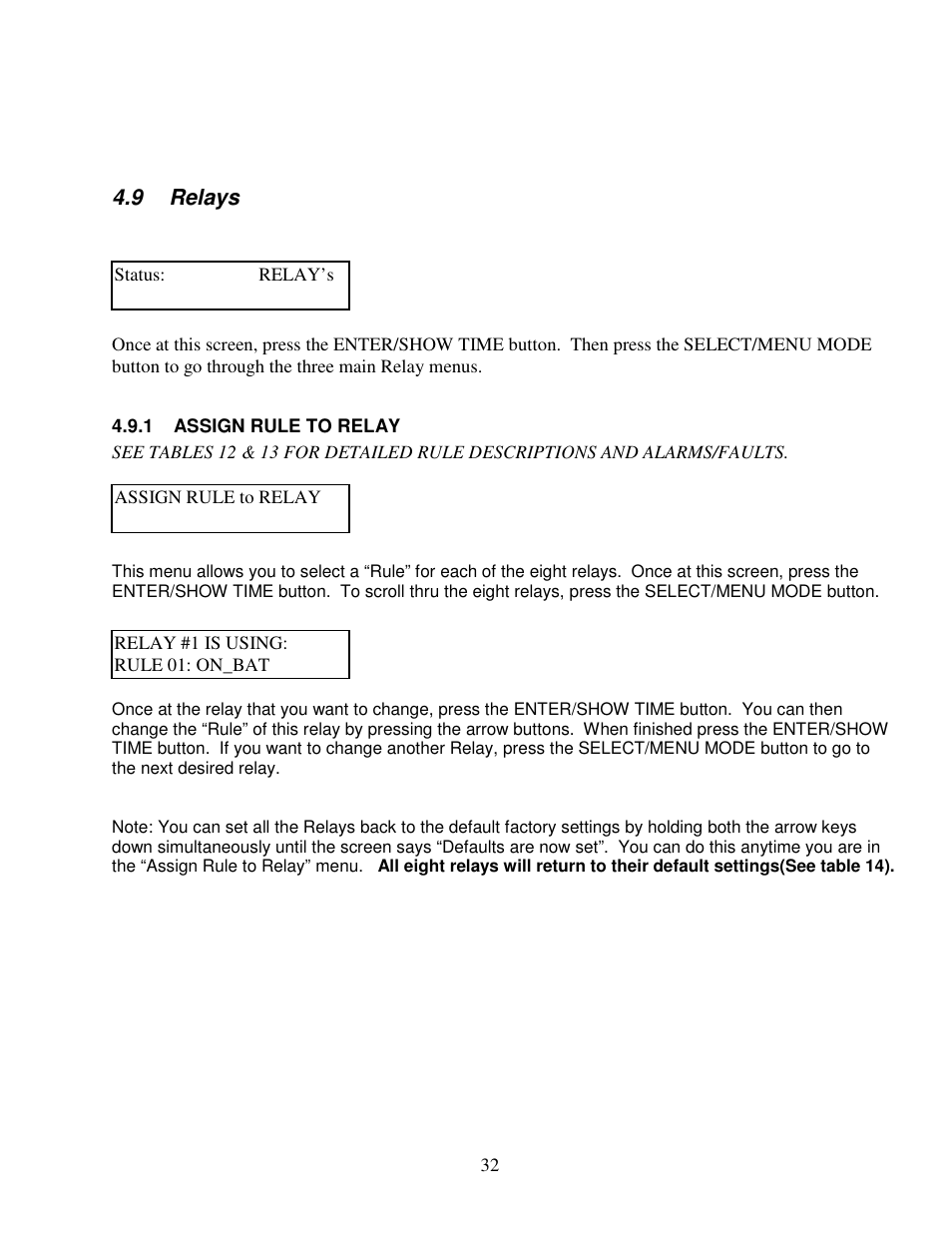 9 relays, 1 assign rule to relay | Clary SP1250LX User Manual | Page 32 / 41