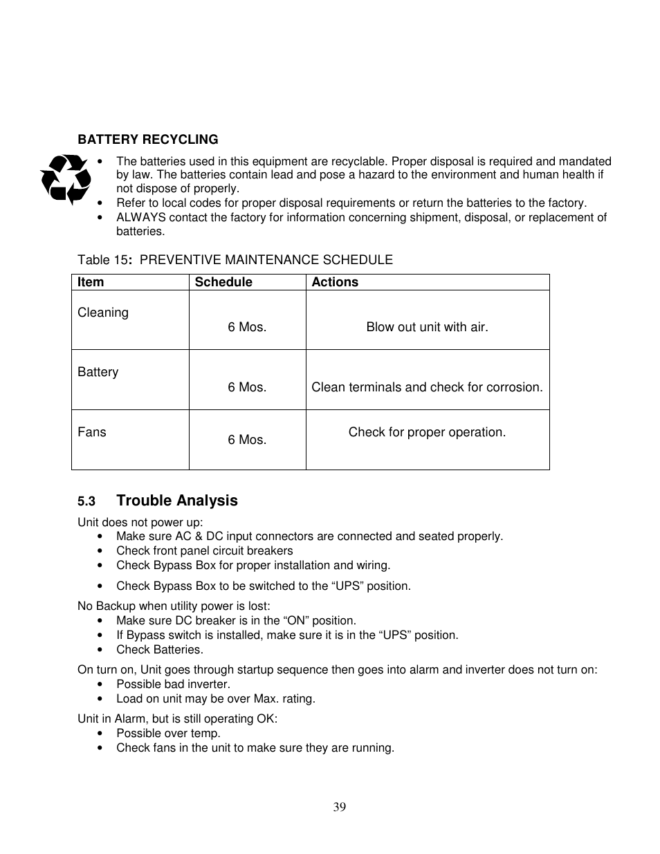 3 trouble analysis, Table 15: preventive maintenance schedule | Clary SP1250LX User Manual | Page 39 / 41