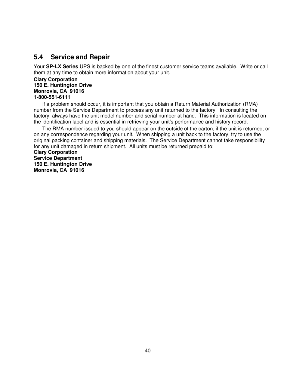 4 service and repair | Clary SP1250LX User Manual | Page 40 / 41