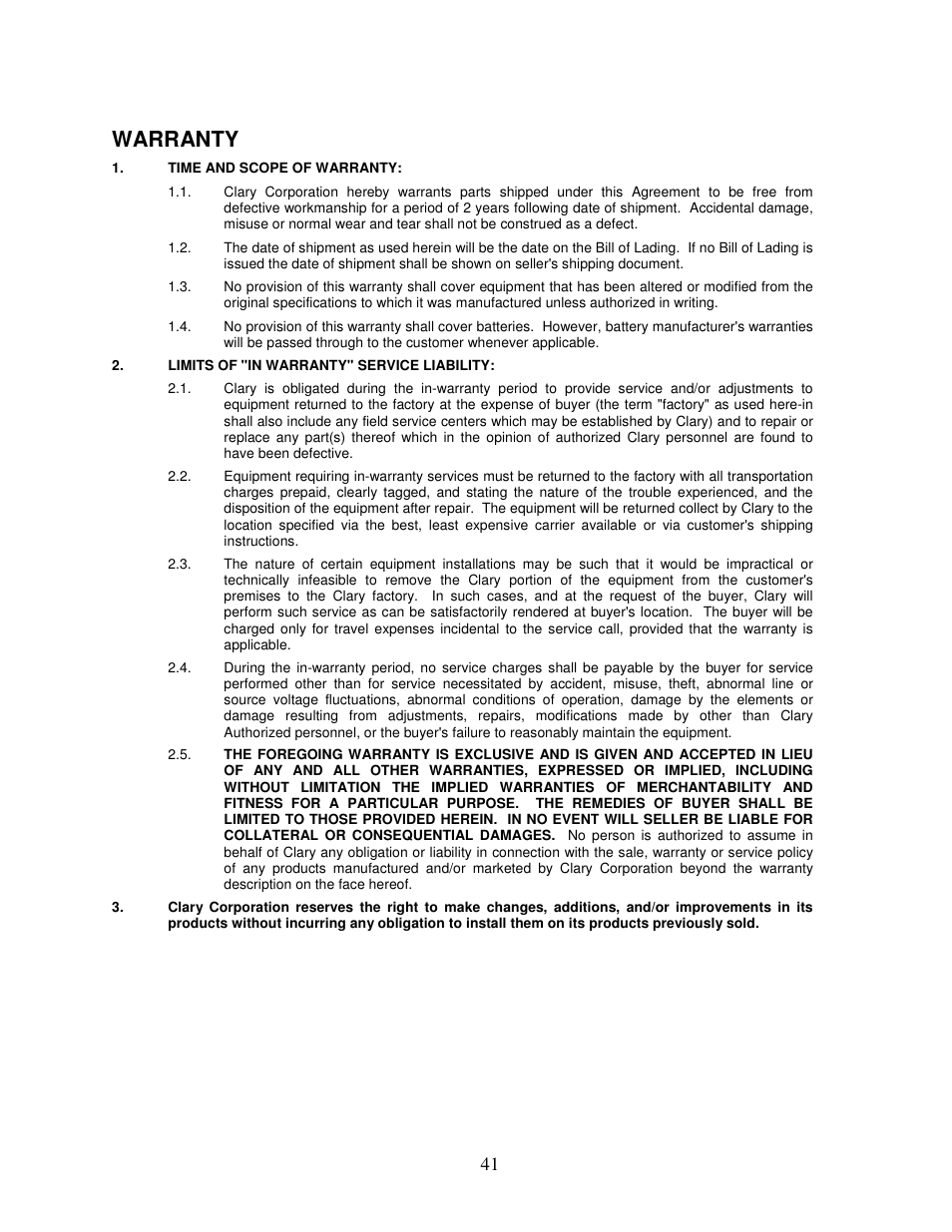 Warranty | Clary SP1250LX User Manual | Page 41 / 41