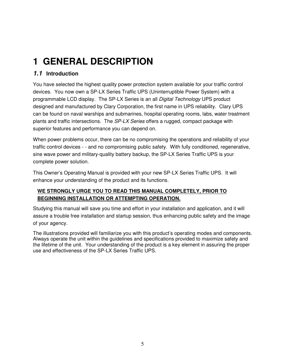 1 general description, 1 introduction | Clary SP1250LX User Manual | Page 5 / 41