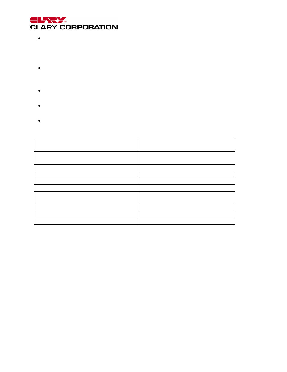 Table 10: recommended installation equipment | Clary SP Series-Model PD User Manual | Page 21 / 47