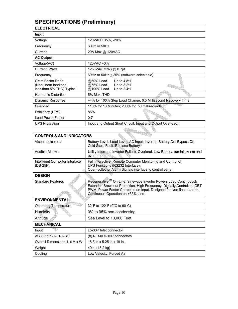 Specifications (preliminary) | Clary SP U-MPL User Manual | Page 10 / 22