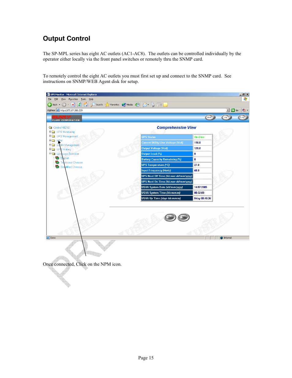 Output control | Clary SP U-MPL User Manual | Page 15 / 22