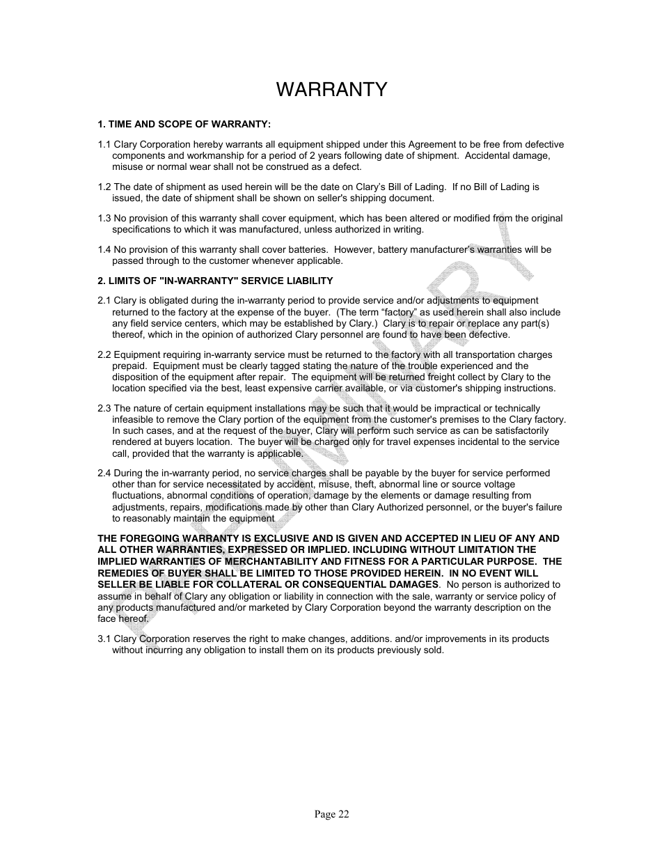 Warranty | Clary SP U-MPL User Manual | Page 22 / 22
