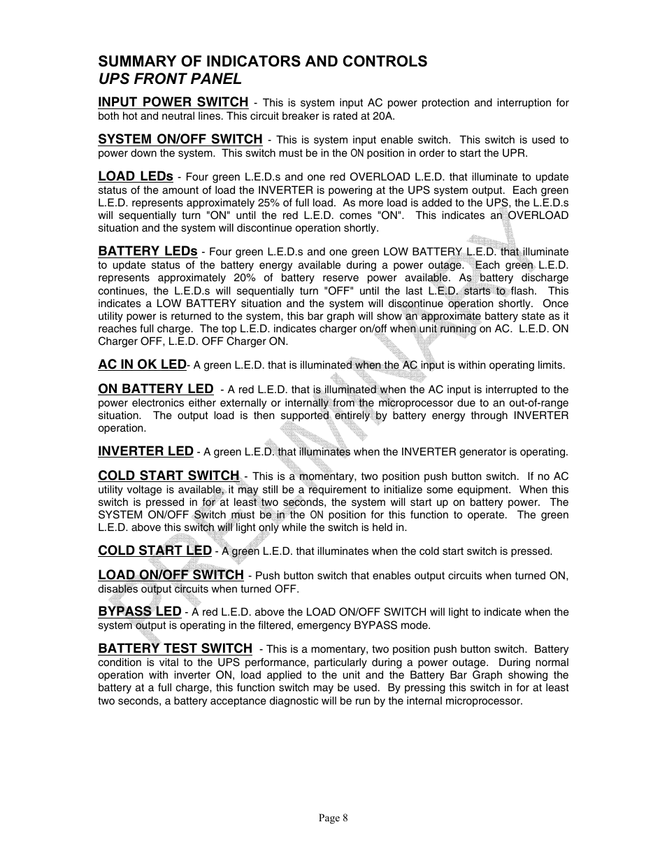 Summary of indicators and controls, Ups front panel | Clary SP U-MPL User Manual | Page 8 / 22